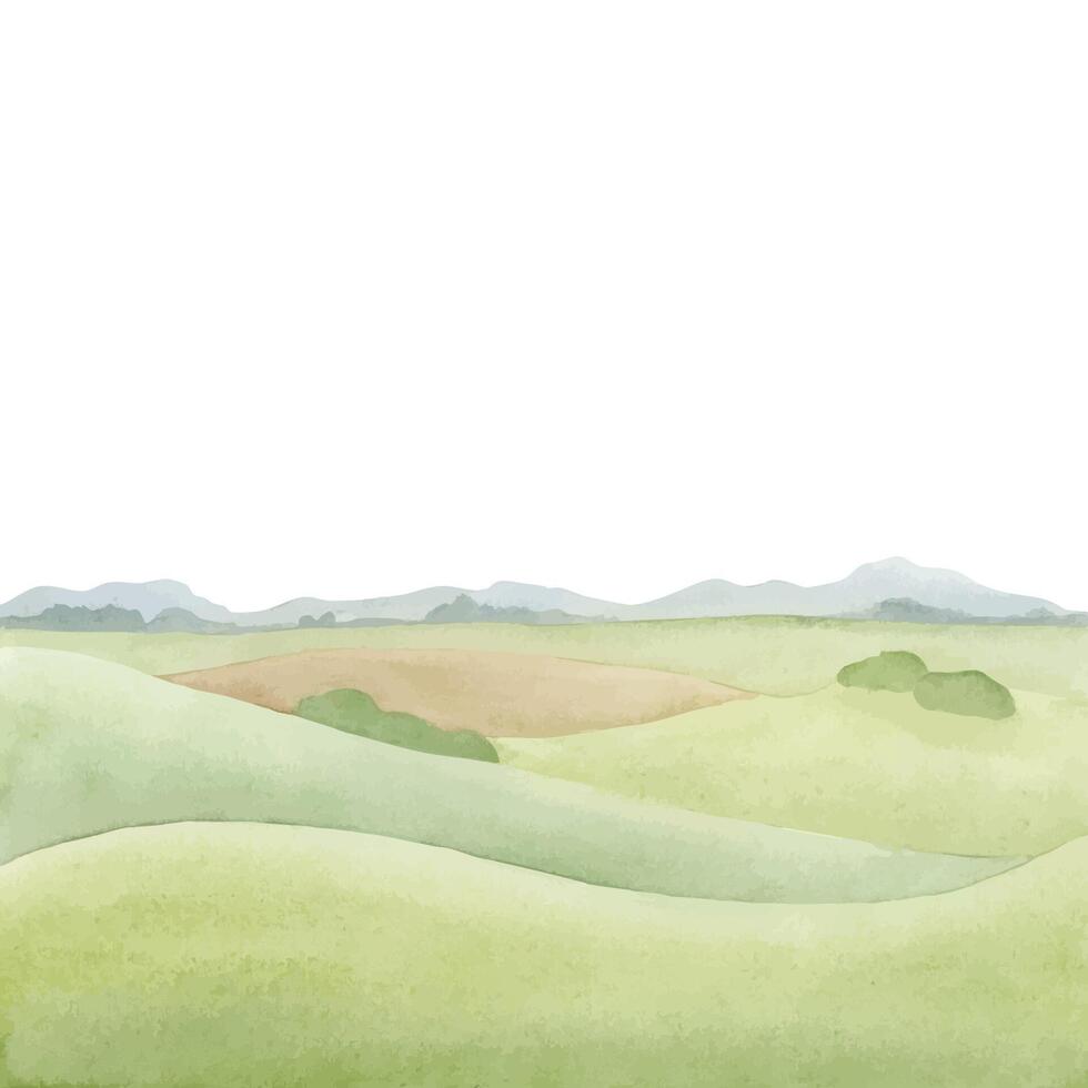 Simple green hills and fields watercolor illustration. Minimalist rural landscape for summer farm and countryside designs. Horizontal meadows panoramic clipart vector
