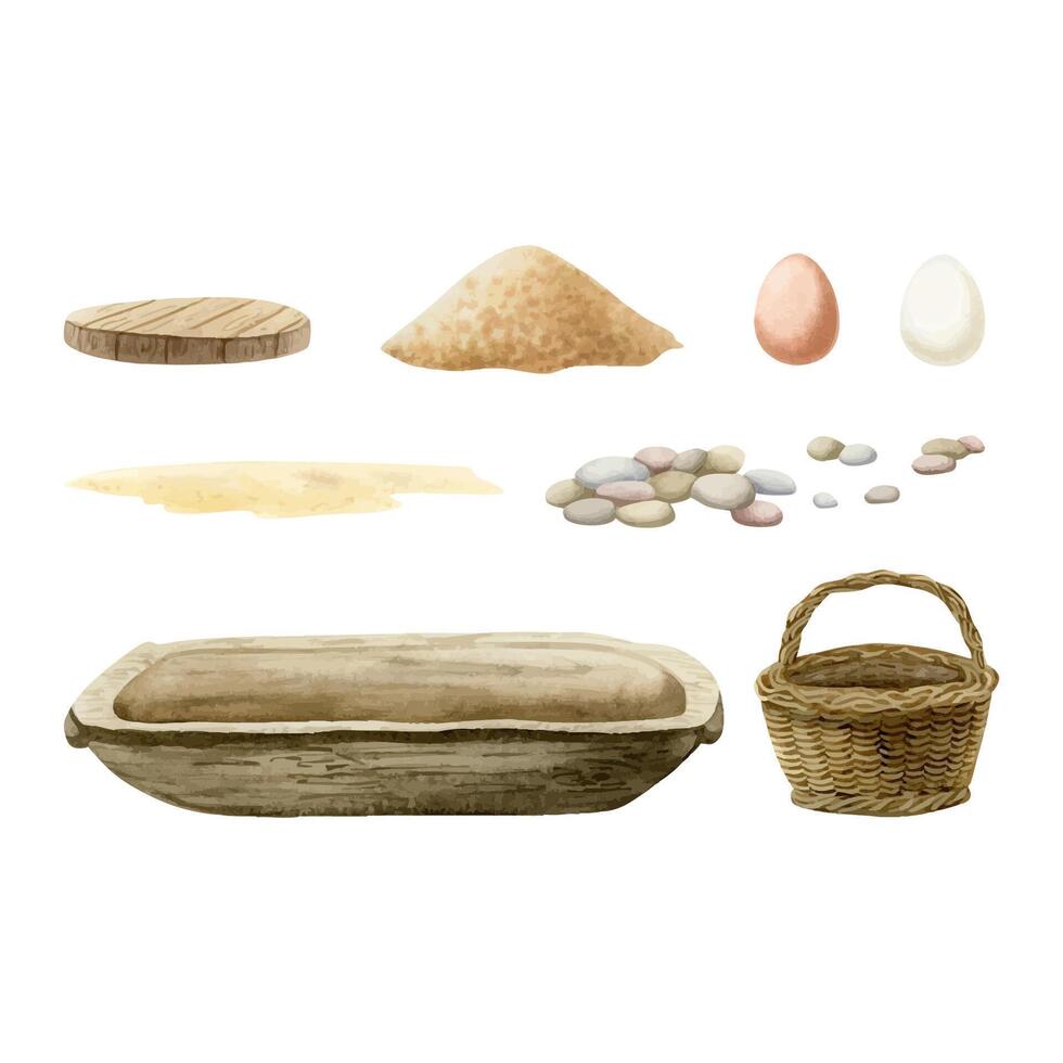 Farm landscape elements watercolor illustration set. Wicker basket, eggs, stones, sand ground, millet for chickens and wooden feeding trough clipart. Farmhouse rustic accessories vector