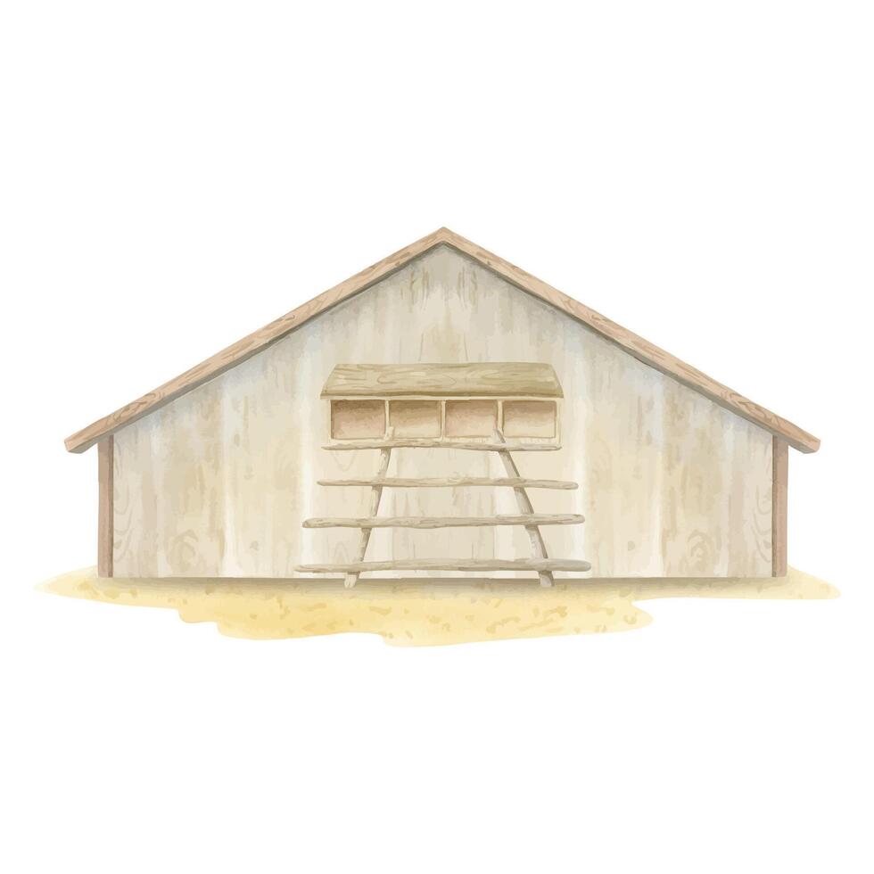 Wooden chicken coop with roosting perch stairs and nesting boxes watercolor illustration. Minimalist henhouse on sand ground for poultry yard and farm designs vector