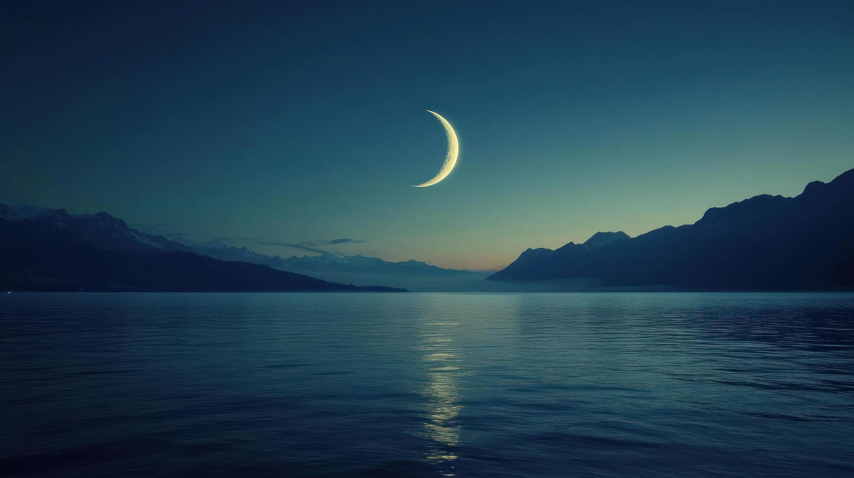 The moon is seen over the water in front of mountains photo