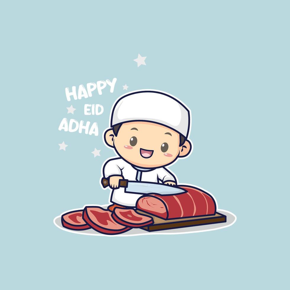 Happy Eid Al Adha Celebration with a Butcher Cutting Meat Cartoon vector