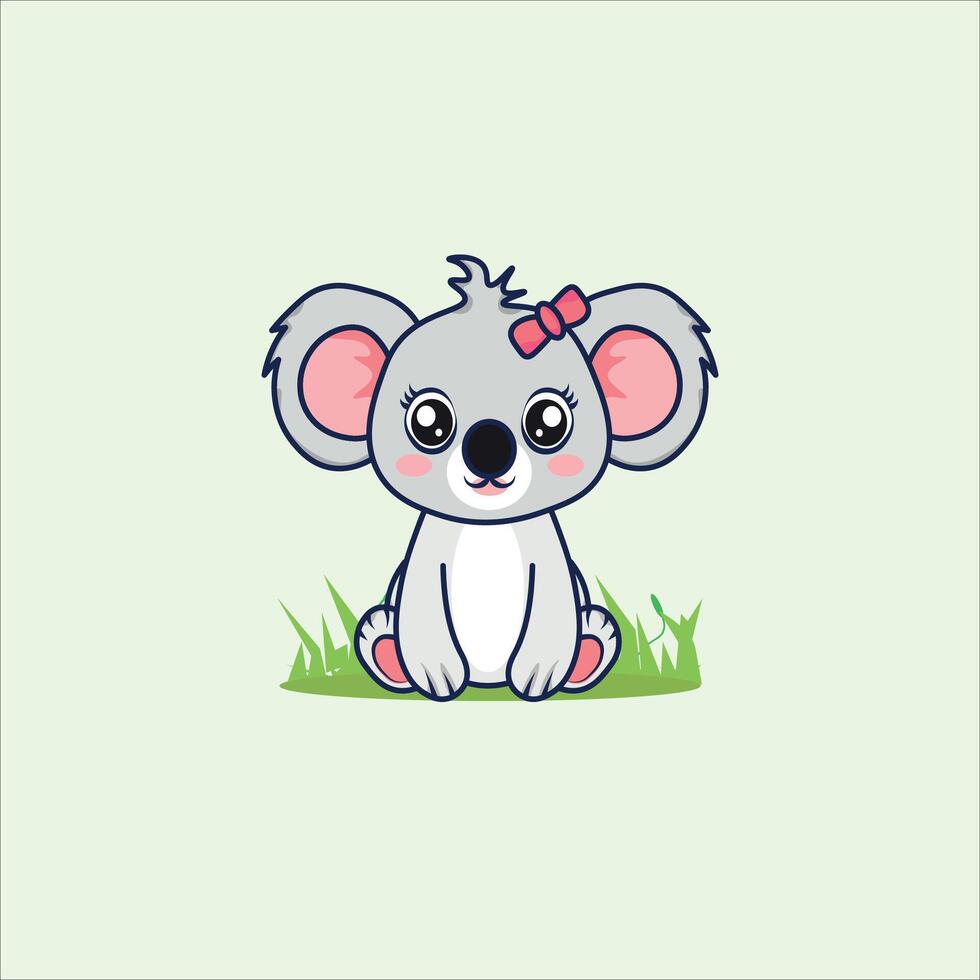 Cute Cartoon Koala with Pink Bow Sitting on Grass vector