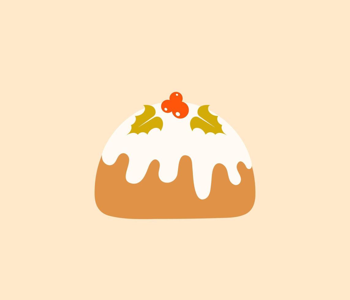 Christmas pudding with icing and holly berries isolated on pastel background. Traditional Christmas dessert. Hand drawn flat cartoon style vector