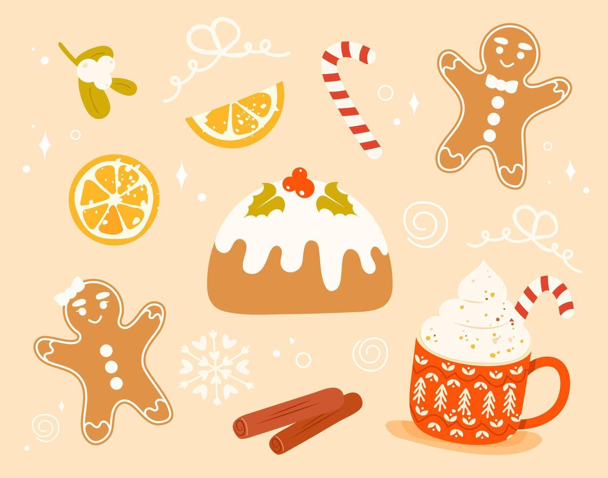 Set of traditional Christmas desserts - Christmas pudding, cake, gingerbread, candy cane, coffee mug, cinnamon sticks, mistletoe isolated on pastel background. Flat cartoon style vector