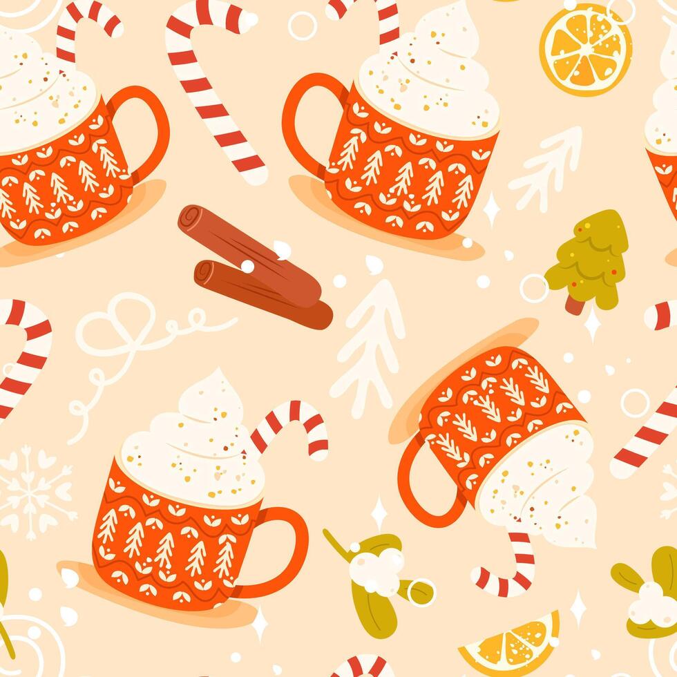 Cozy Christmas seamless pattern with candy cane, Christmas tree, mistletoe, coffee mug, cinnamon sticks, bow, orange fruit. Perfect for gift wrapping paper, packaging design, background, wallpaper etc vector