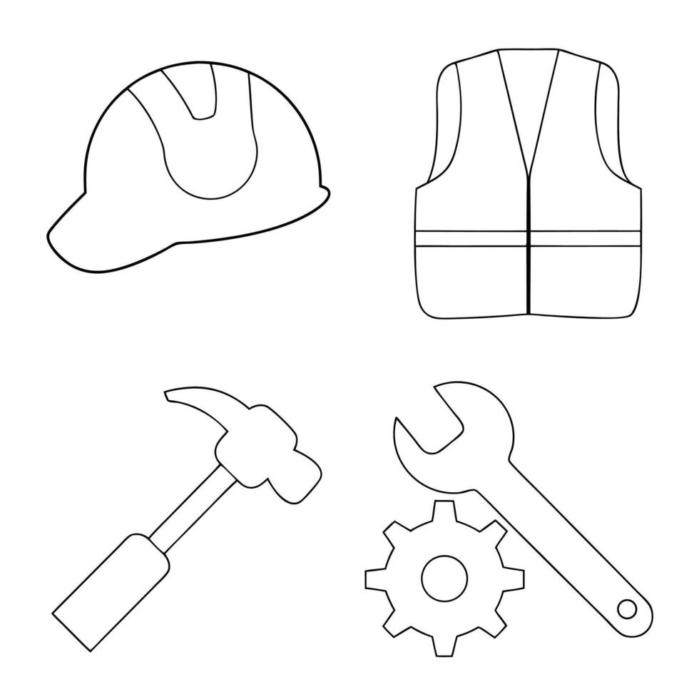 Outline illustrations of construction safety gear and tools for industrial design and development vector