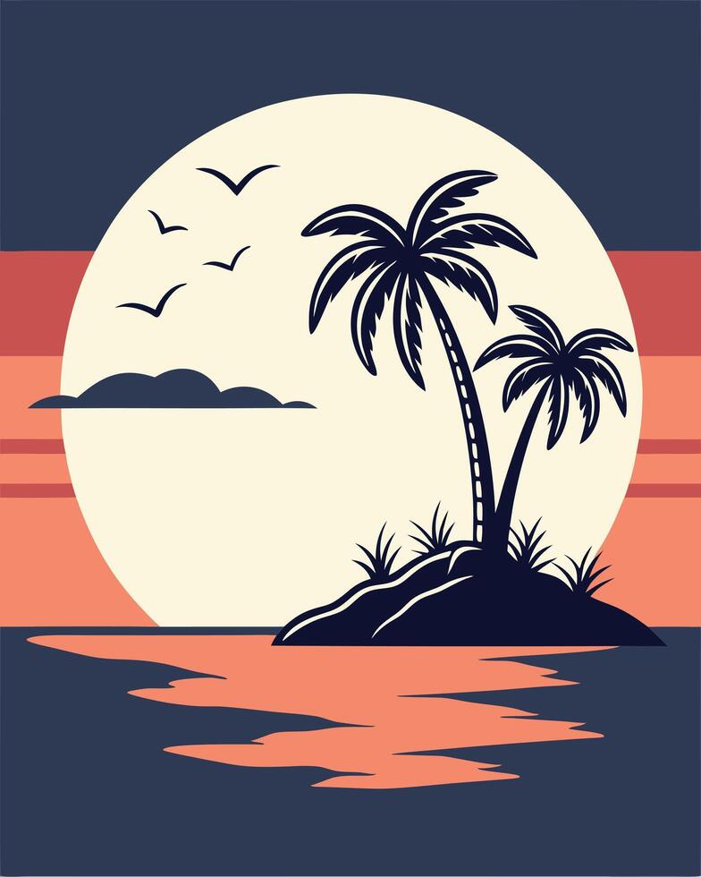 Tropical island sunset scene with palm trees and ocean reflection in a retro style vector