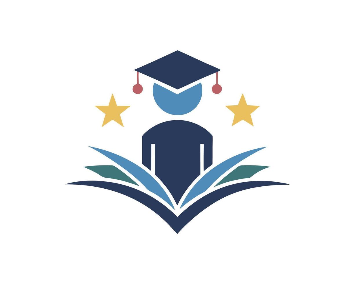 Abstract illustration of a graduate with a book and stars representing achievement and knowledge vector