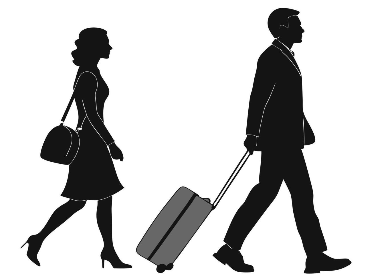 Silhouette of a traveling business couple walking with luggage on white background. vector