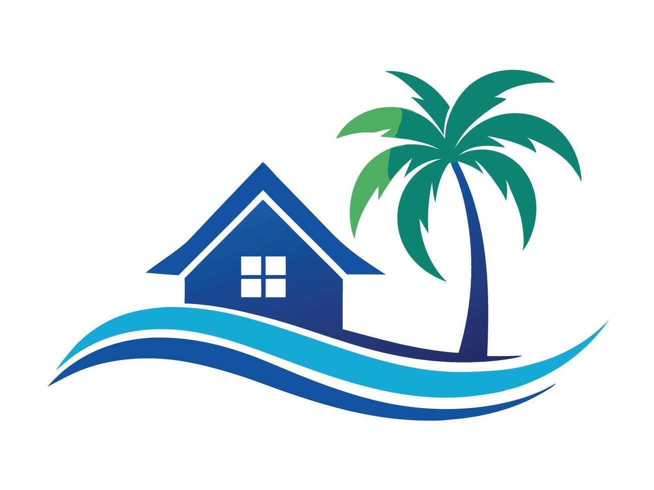 Tropical beach house illustration featuring a palm tree and waves ideal for travel and real estate branding. vector