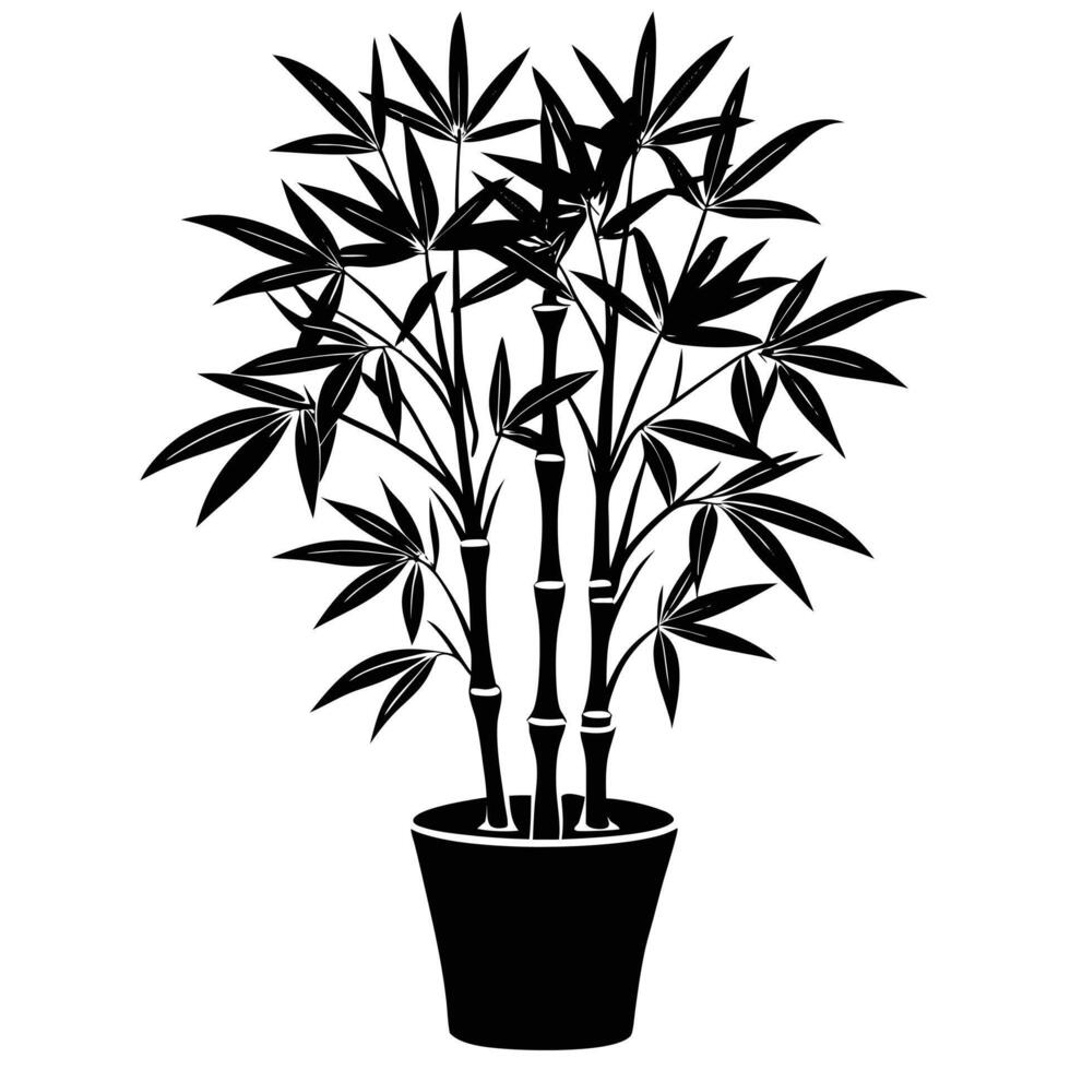 Elegant black and white bamboo plant silhouette in a decorative flower pot against white background vector
