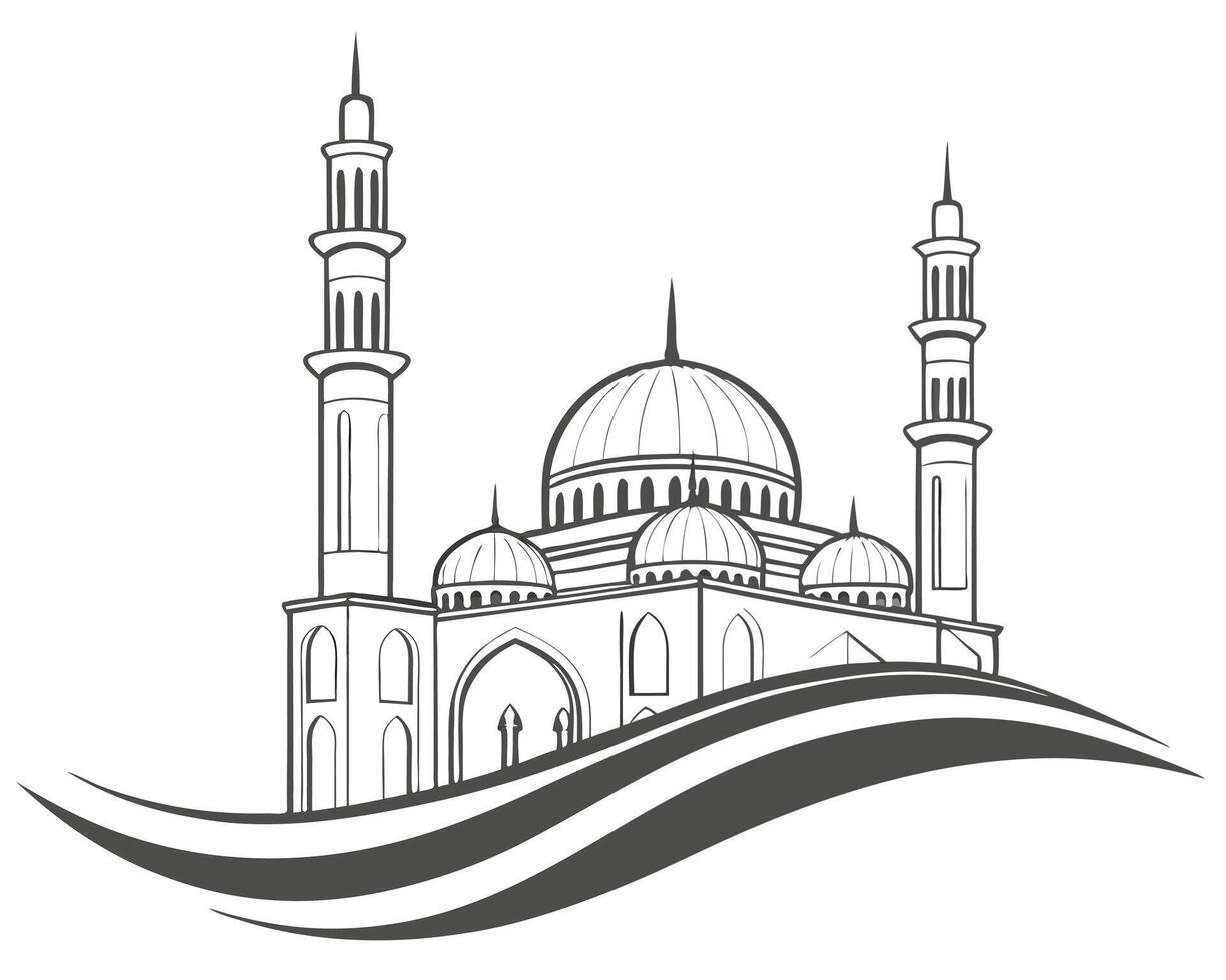 Elegant line art illustration of a mosque with minarets and domes design vector