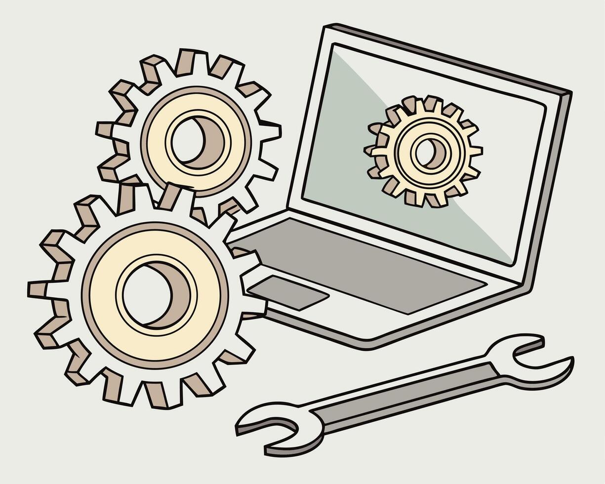 Laptop gears and wrench illustration representing software technology and repair vector