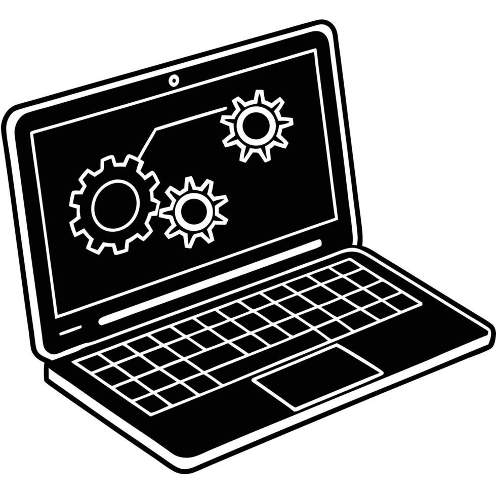 Black and white laptop displaying gear icons representing technology and engineering concepts vector