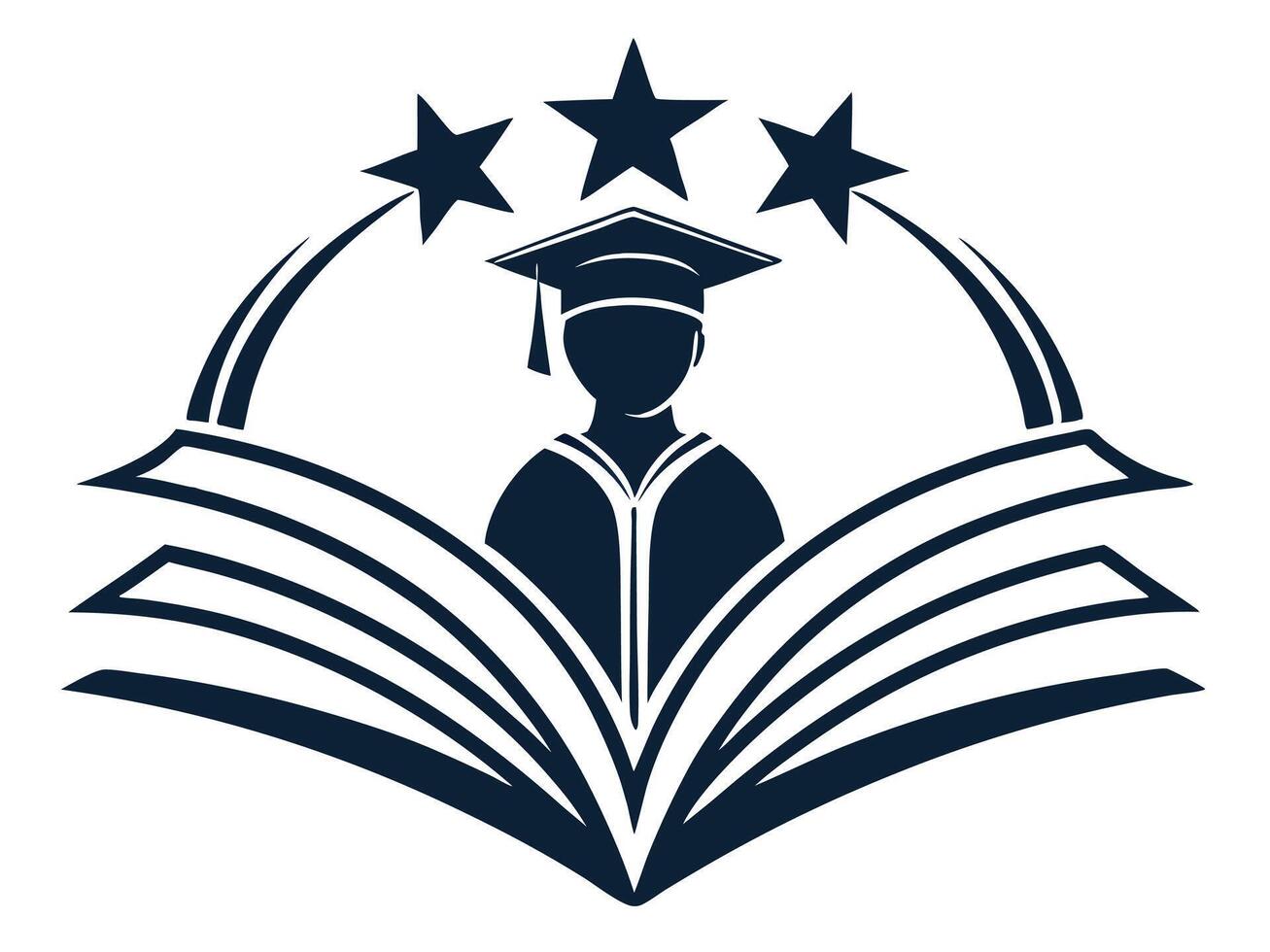 Silhouette of a graduating student above an open book with shooting stars indicating academic success vector