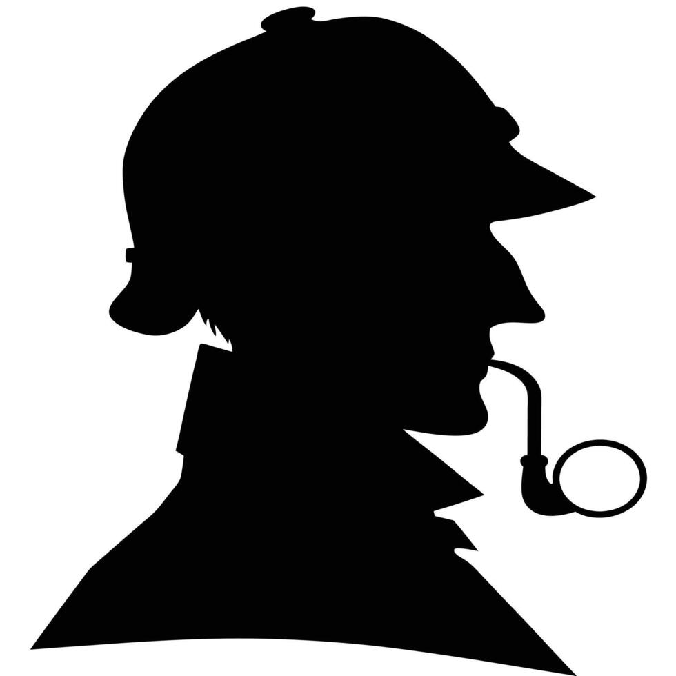 Silhouette depiction of a famous detective profile with a pipe and deerstalker hat vector