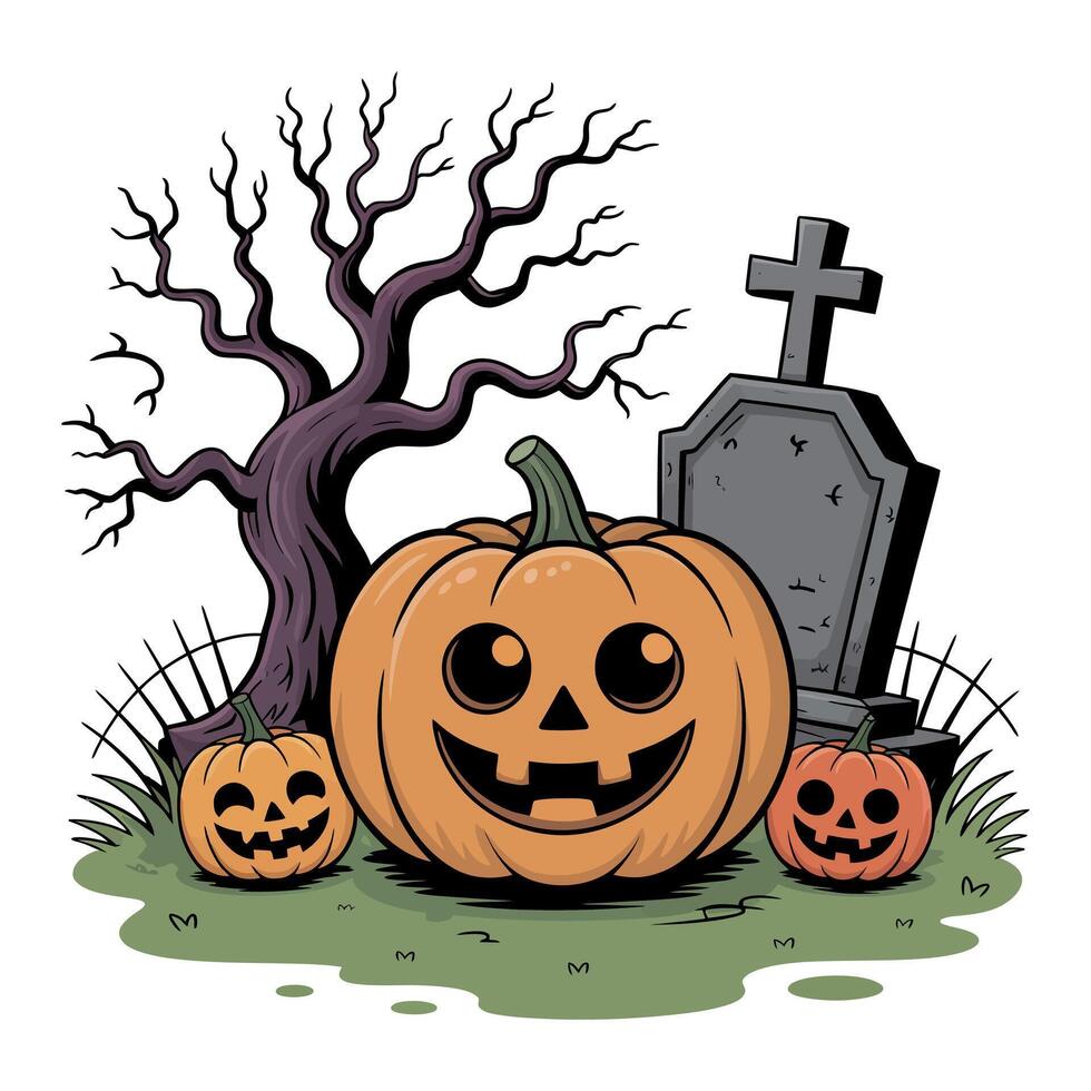 Happy Halloween Pumpkins Near a Tombstone and Dead Tree Illustration vector