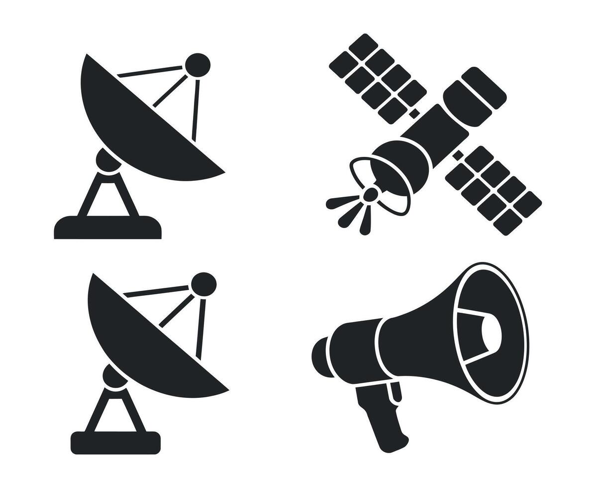 Communication Technology Icons Satellite Dish Megaphone Spacecraft Broadcasting vector