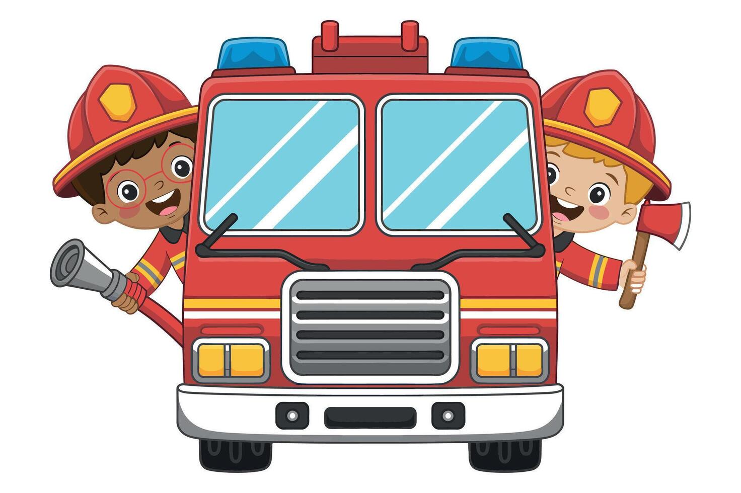 Two Happy Kids Dressed as Firefighters Peeking from a Red Fire Truck vector