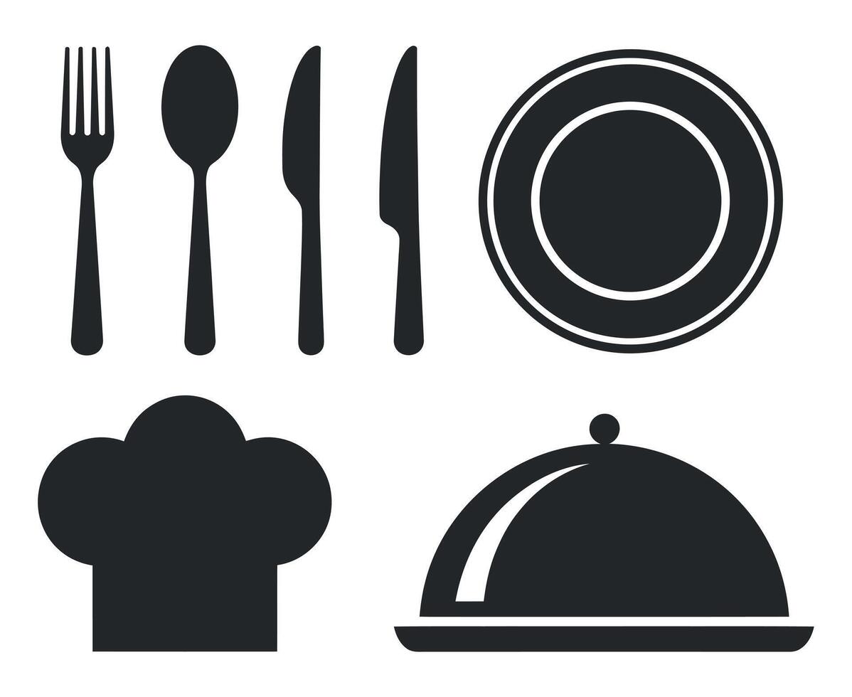 Restaurant Menu Icons Set Fork Spoon Knife Plate Chef Hat Food Dome vector