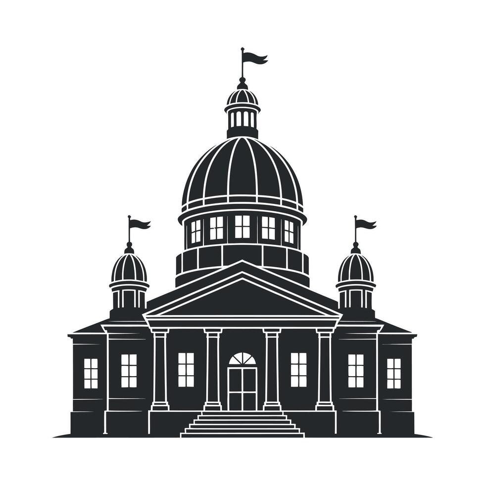 Black and White Silhouette of a Grand Neoclassical Building with a Dome and Flags vector