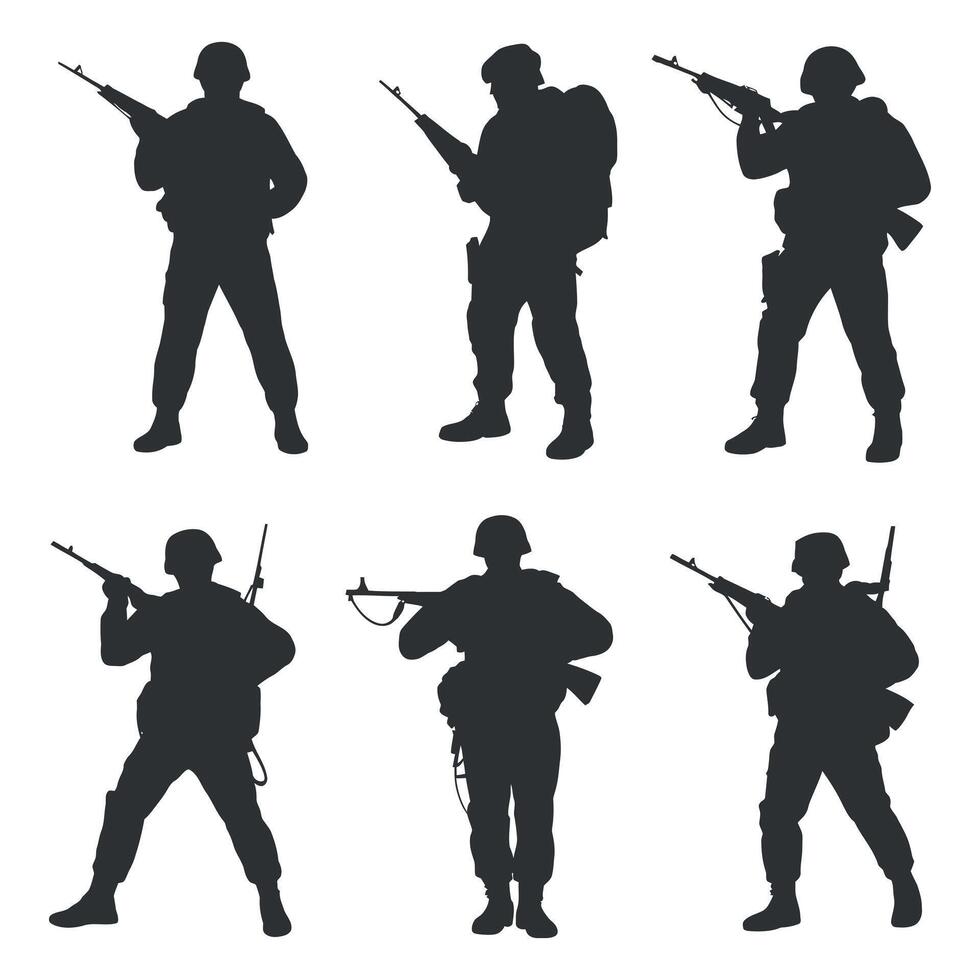 Six Silhouettes of Soldiers in Various Combat Poses with Rifles vector