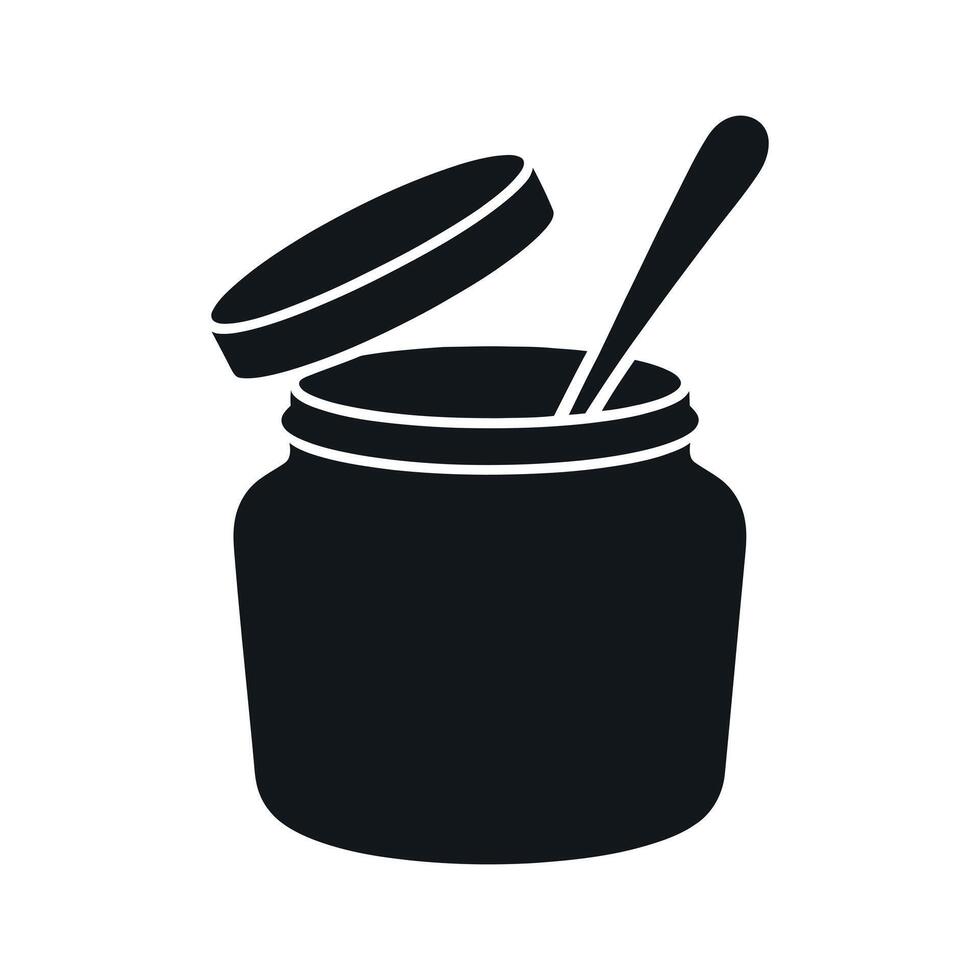 Open Jar with Spoon Icon Simple Black Silhouette Design for Food Packaging or Recipe Book vector