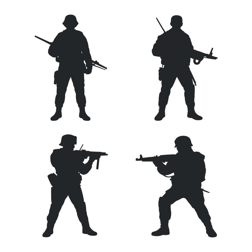 Four Silhouettes of Soldiers in Various Combat Poses with Rifles and Submachine Guns vector
