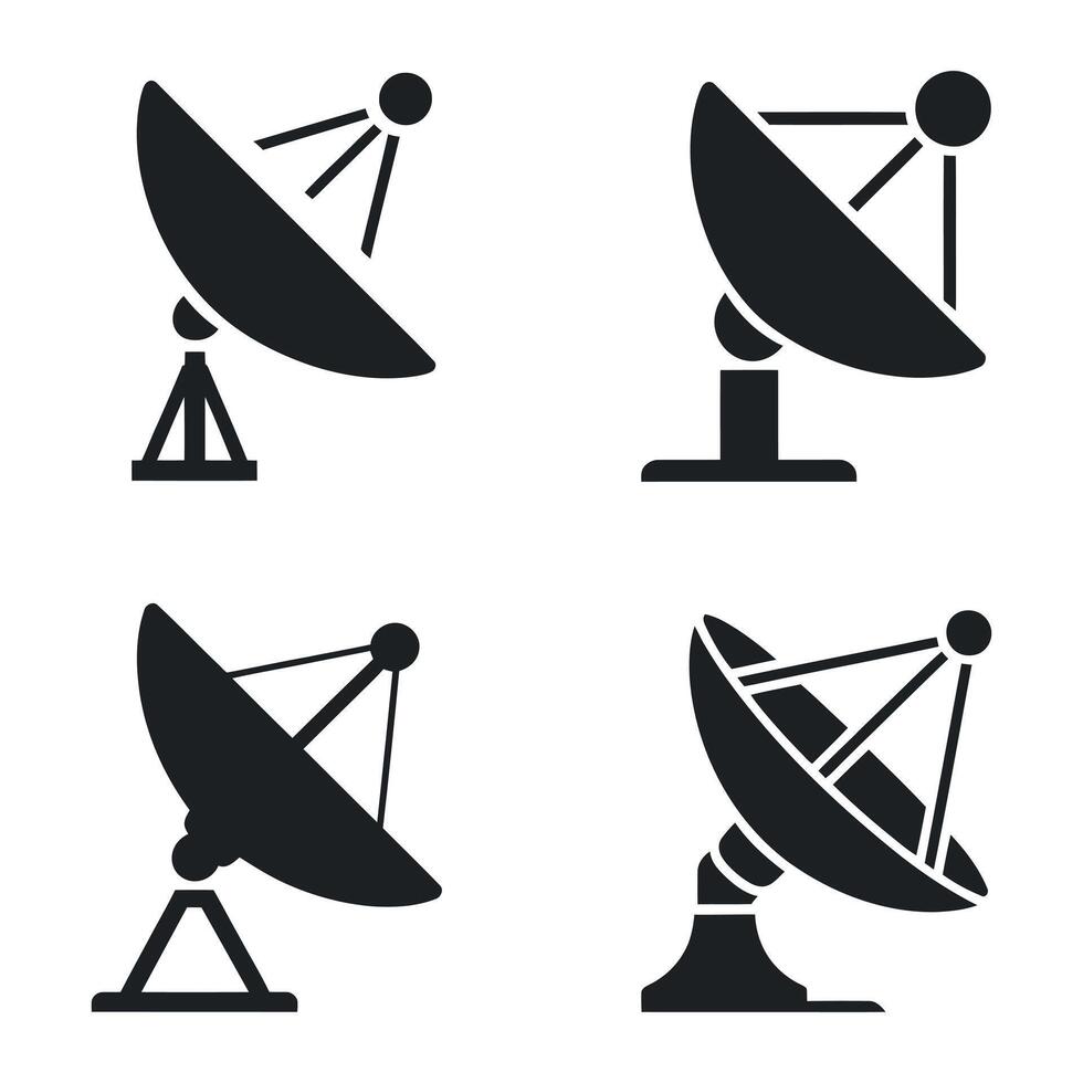 Collection of Four Satellite Dish Icons in Black and White for Communication Technology vector