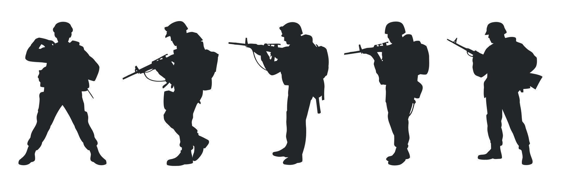Five Silhouettes of Soldiers in Various Combat Poses with Rifles and Backpacks vector