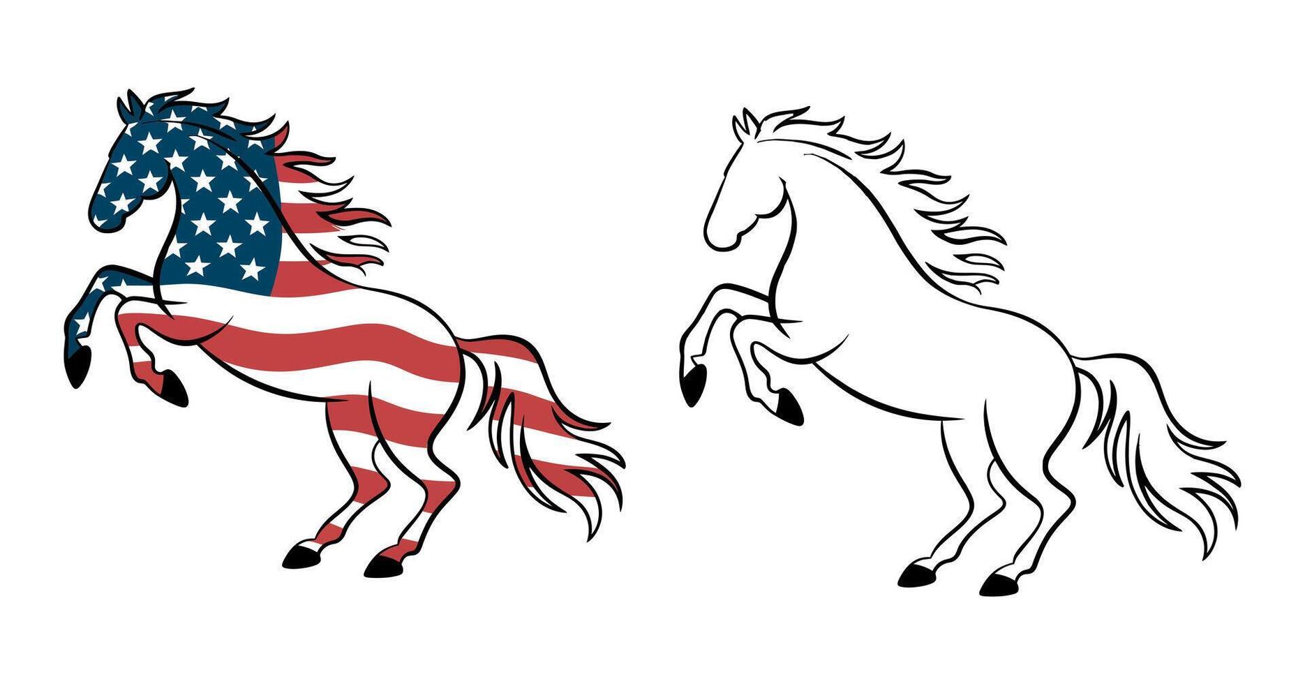 American Flag Horse Silhouette with Rearing Pose and Outline Version Patriotic Symbol of Freedom and Strength Illustration on White Background vector