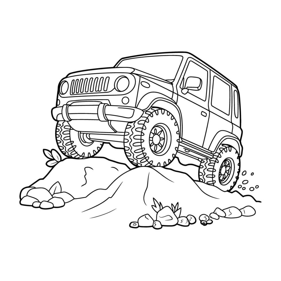 Off Road Vehicle Climbing Over Rocks Outline Illustration Perfect for Coloring Books Educational Materials and Creative Projects Black and White Line Art vector