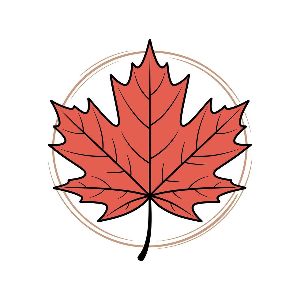 Simple Red Maple Leaf Illustration in a Circular Frame Autumn Nature Design Element vector