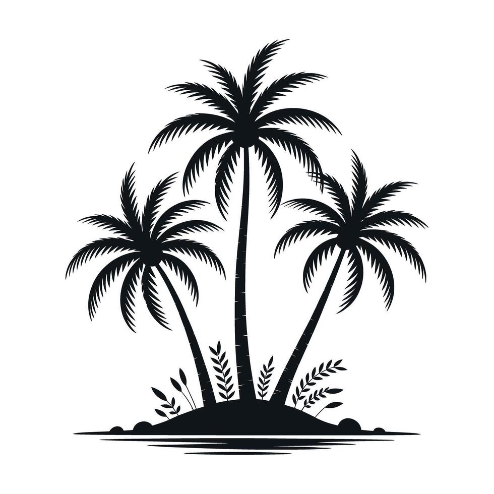 Three Silhouetted Palm Trees on a Tropical Island in Calm Water vector