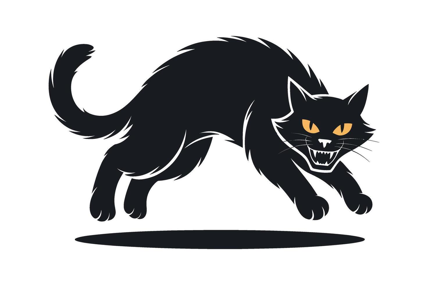 Aggressive Black Cat Silhouette Leaping Forward with Glowing Yellow Eyes vector