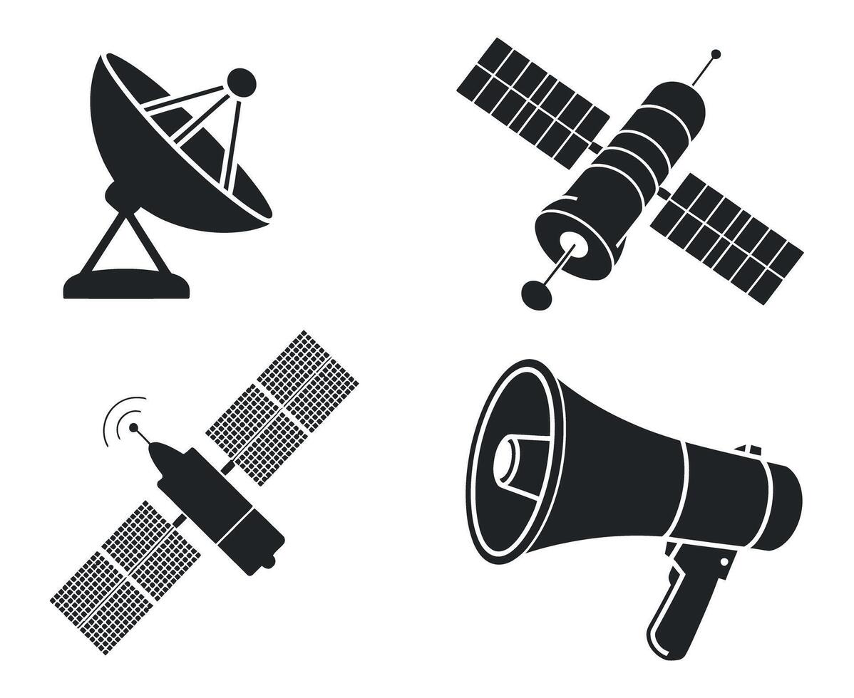 Satellite Communication Technology Icons Set Satellite Dish Spacecraft and Megaphone for Broadcasting vector