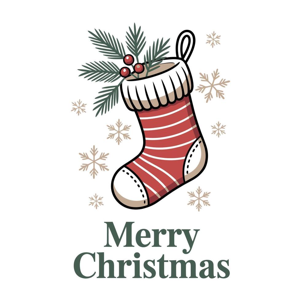 Christmas Stocking with Holly and Pine Illustration Merry Christmas vector