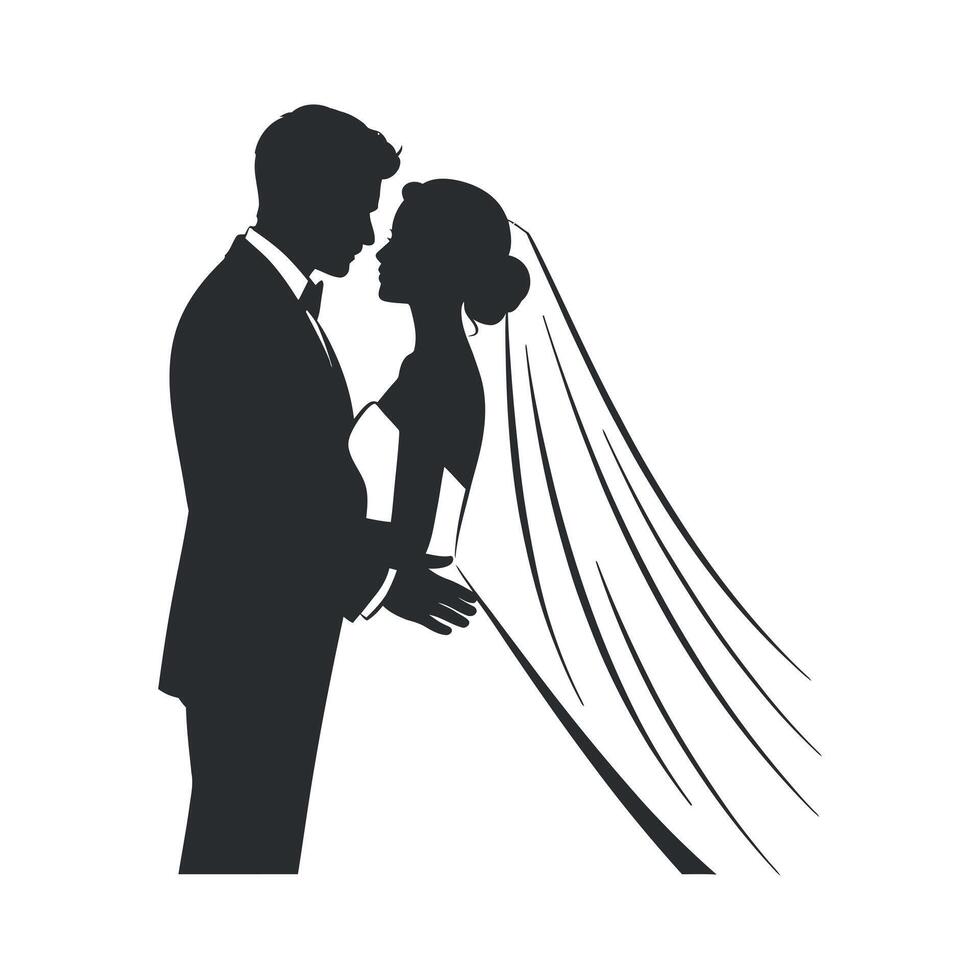 Elegant Silhouette of a Bride and Groom Embracing Tenderly on Their Wedding Day vector