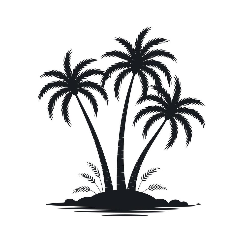 Silhouette of three palm trees on a small tropical island in calm water vector