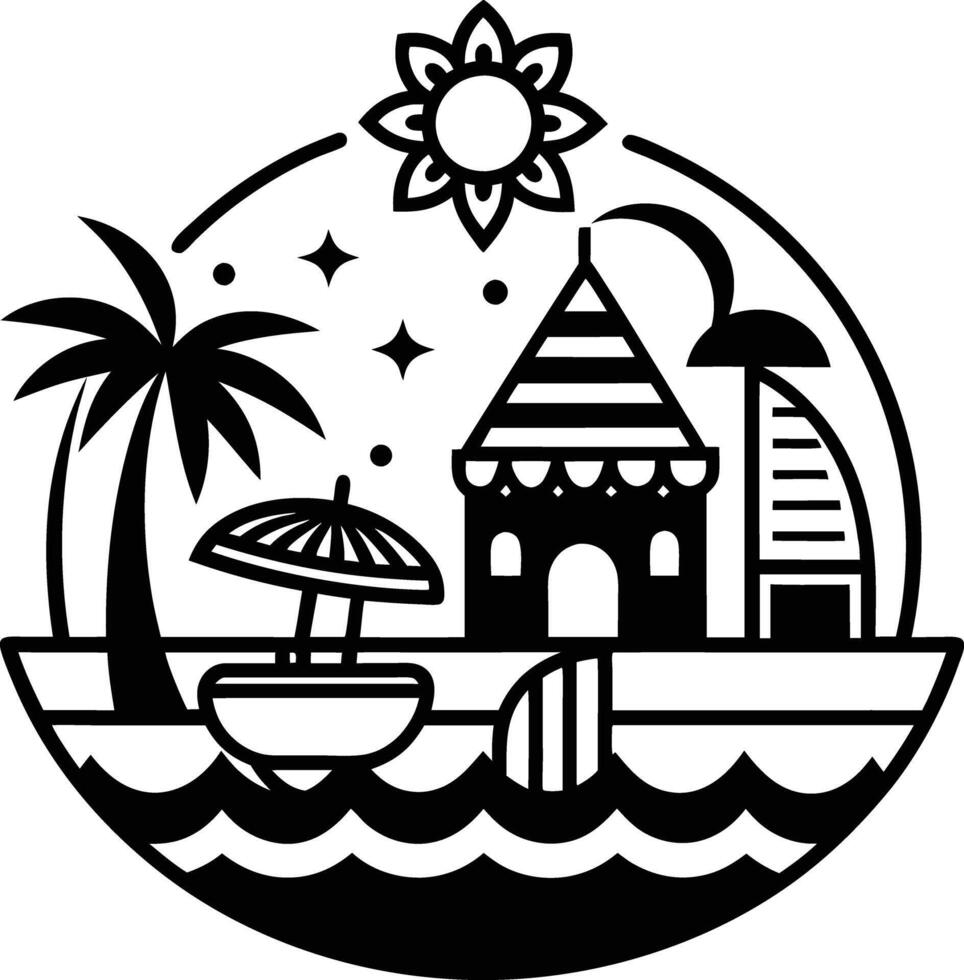 A black and white logo of a beach with palm trees and a boat vector