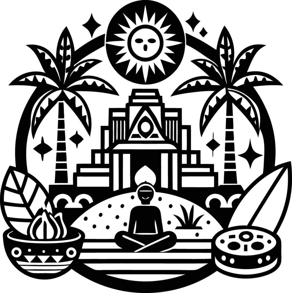 A black and white logo with a man sitting in a chair vector
