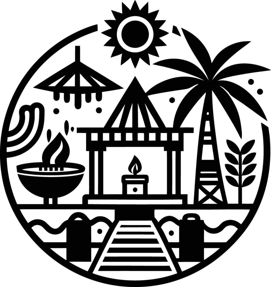 A black and white logo with a palm tree and a house vector
