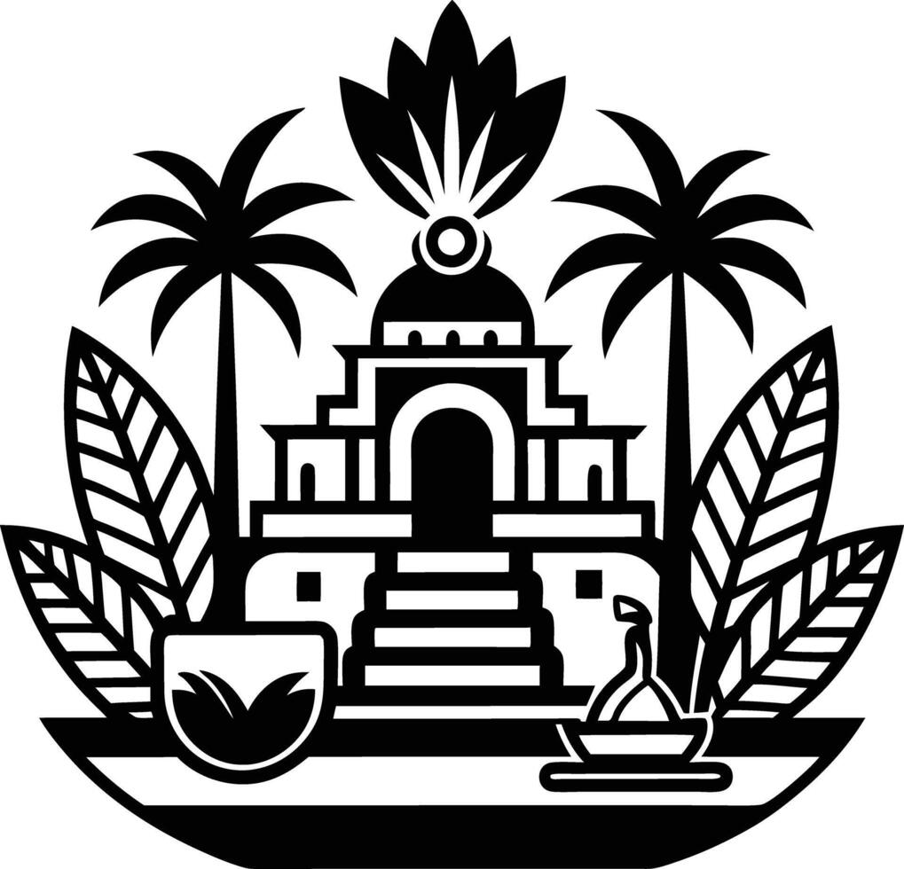 A black and white logo of a temple with palm trees vector