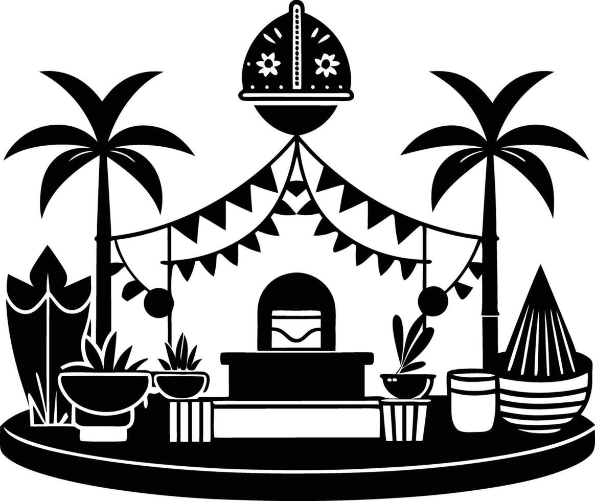A black and white illustration of a temple with palm trees vector