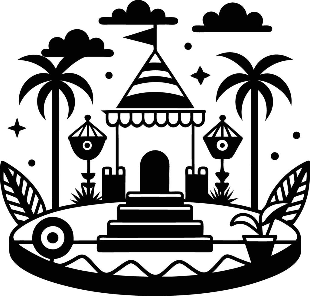 A black and white illustration of a castle with palm trees vector