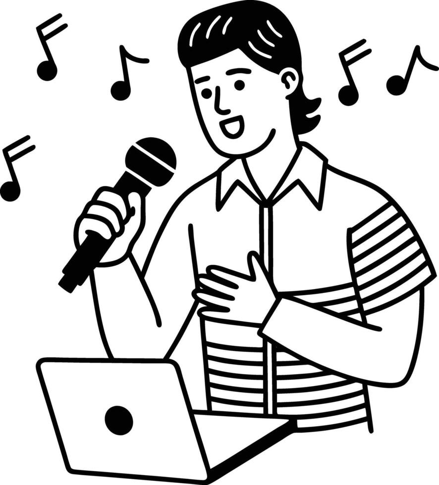 A man singing with a microphone and laptop vector