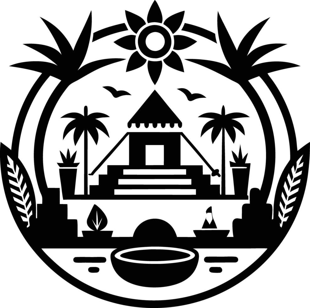 A black and white logo with palm trees and a house vector
