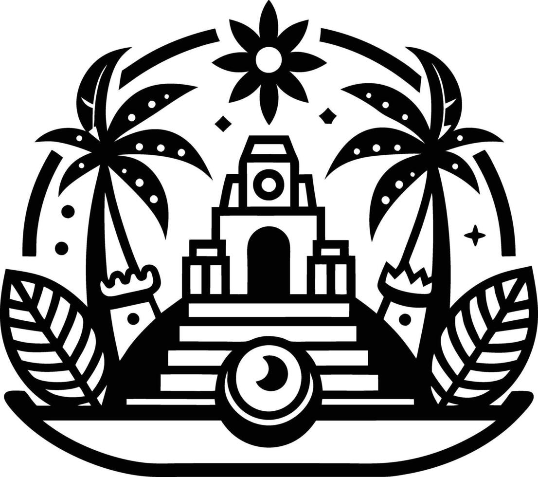 A black and white logo with a castle and palm trees vector