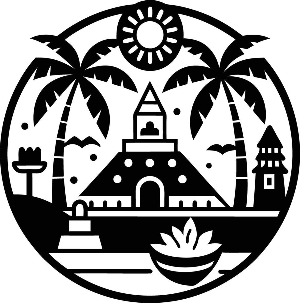 A black and white logo with a temple and palm trees vector
