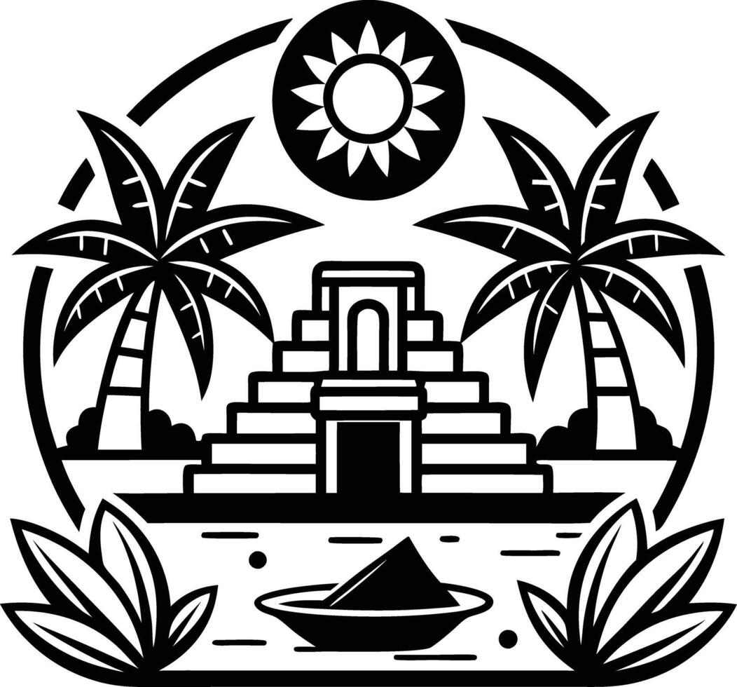 A black and white logo with palm trees and a pyramid vector